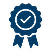 Blue ribbon with a checkmark on black.