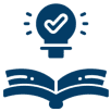 Open book with lightbulb and checkmark.